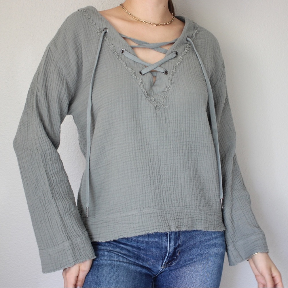 Cloth & Stone Gauze Lace Up Blouse